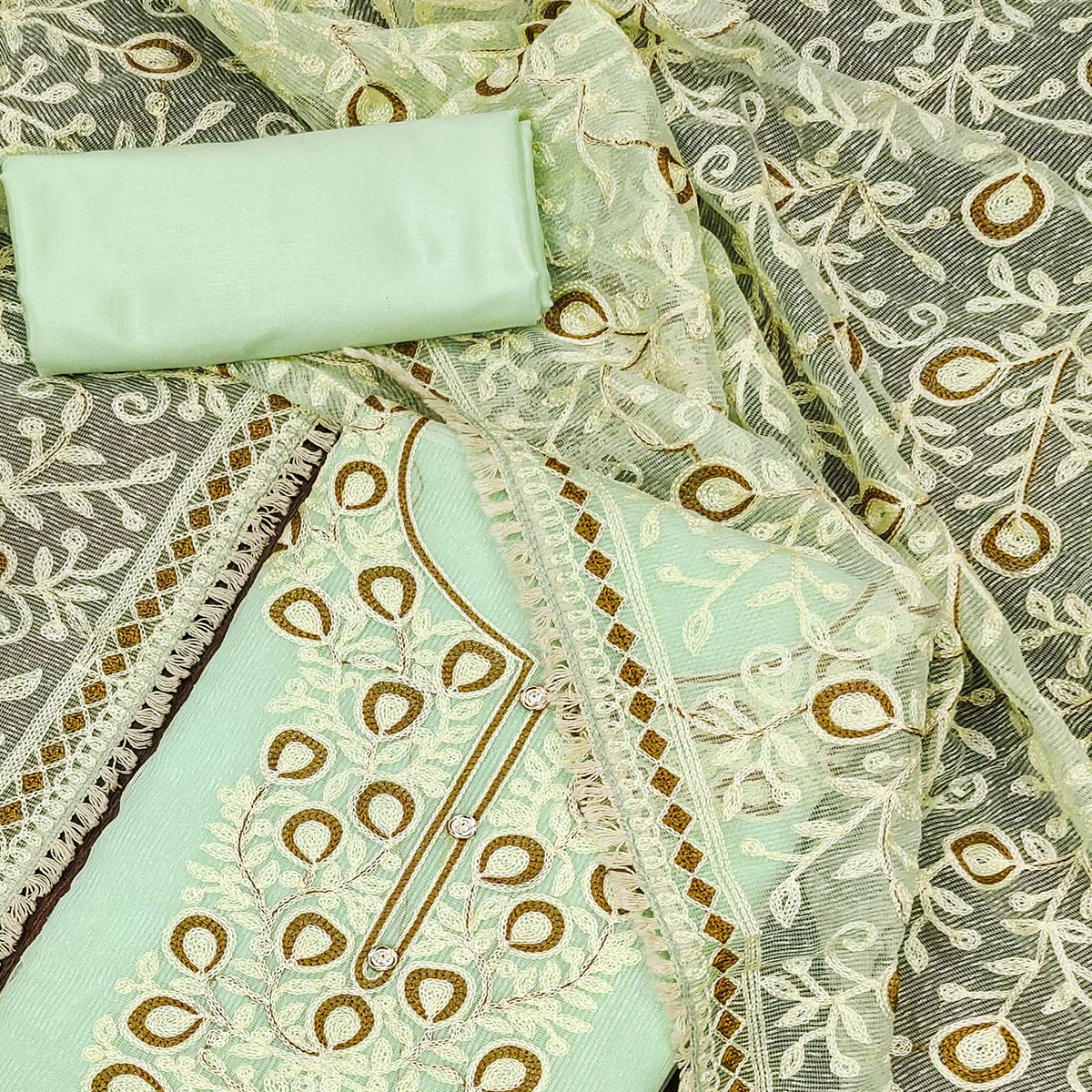 Green Embroidered Kota Doria Dress Material
