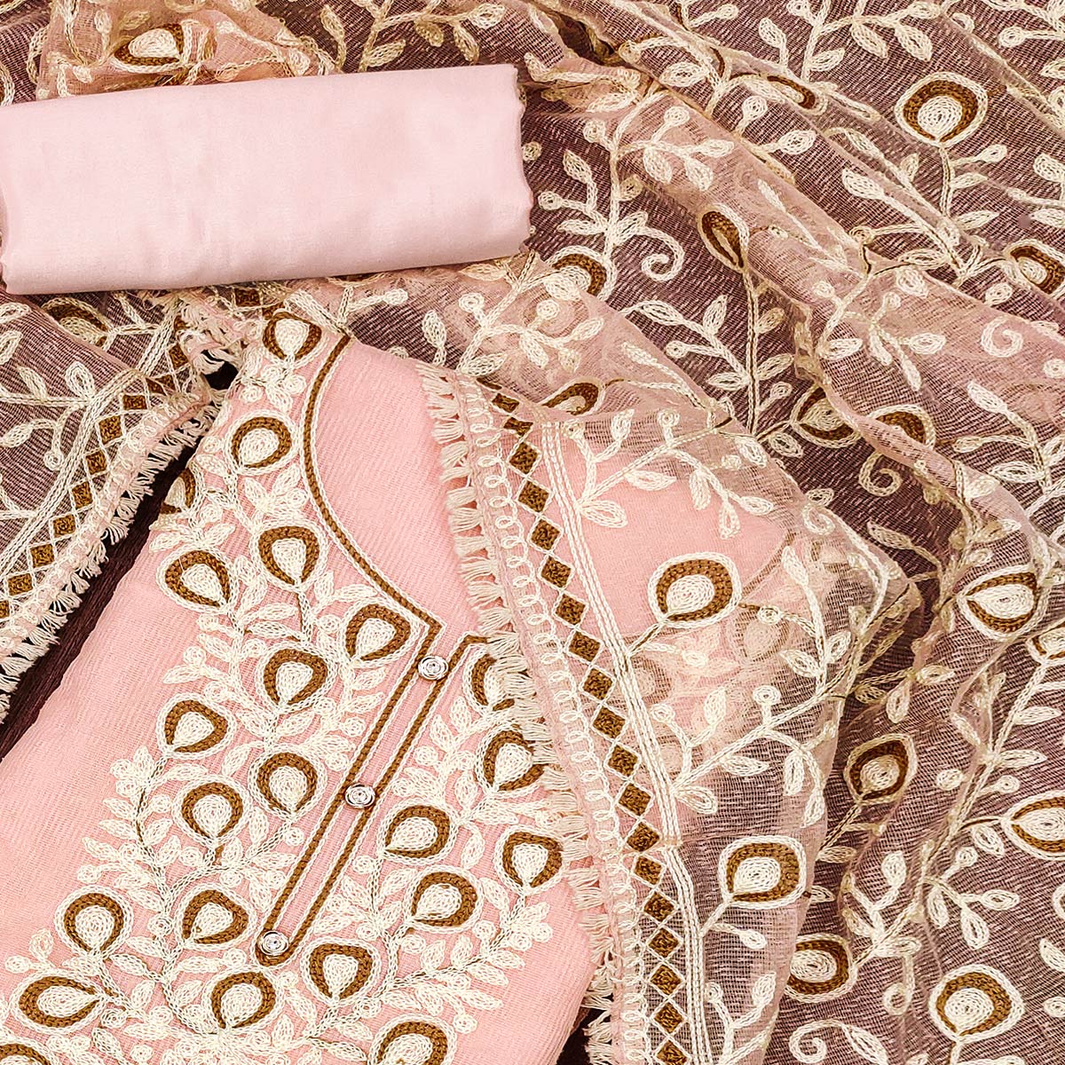Peach Embroidered Kota Doria Dress Material