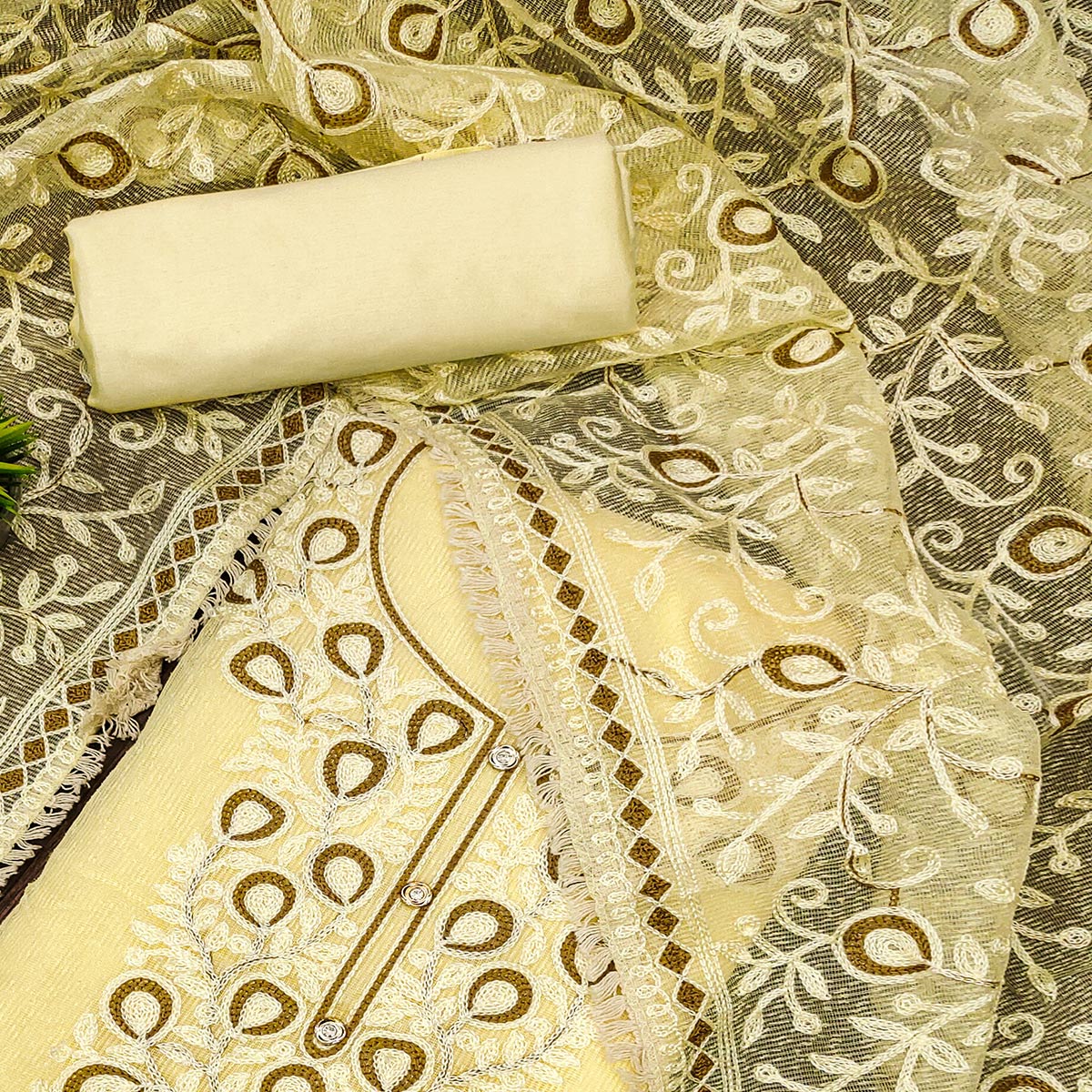 Yellow Embroidered Kota Doria Dress Material