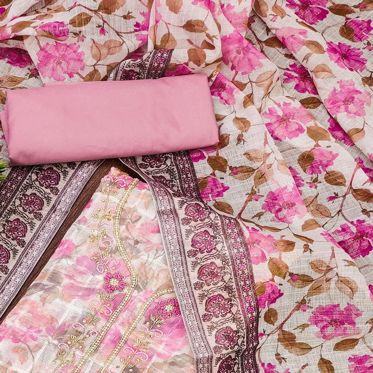 Pink Floral Printed Cotton Dress Material