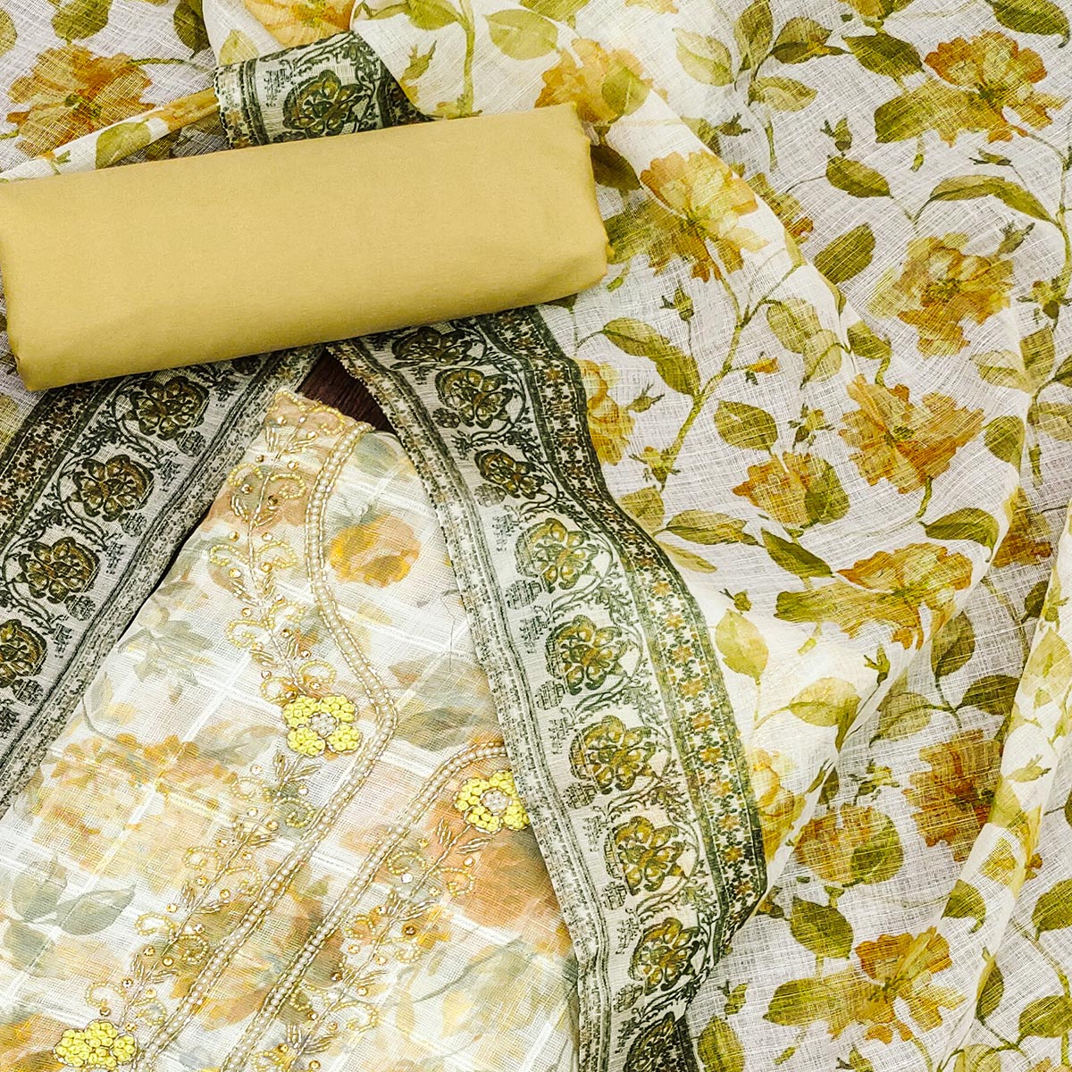 Yellow Floral Printed Cotton Dress Material