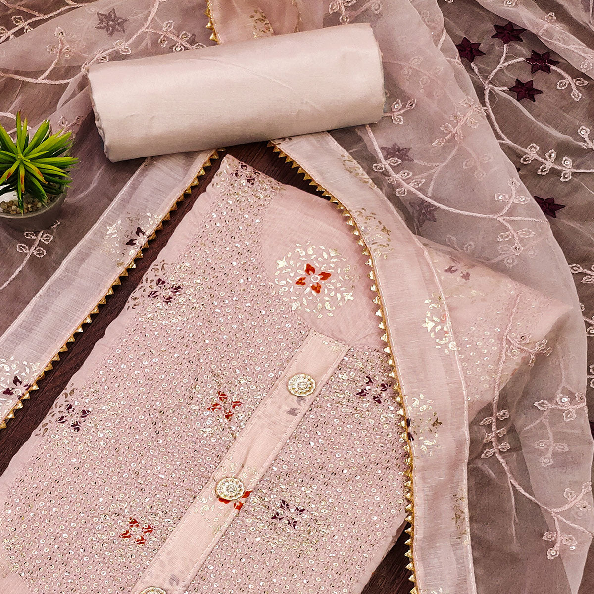 Mauve Floral Foil Printed Chanderi Dress Material