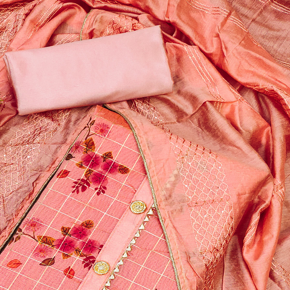 Pink Floral Printed Chanderi Dress Material