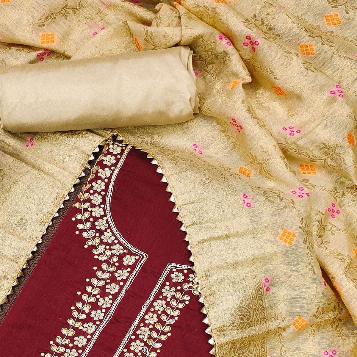 Maroon Handwork Chanderi Dress Material