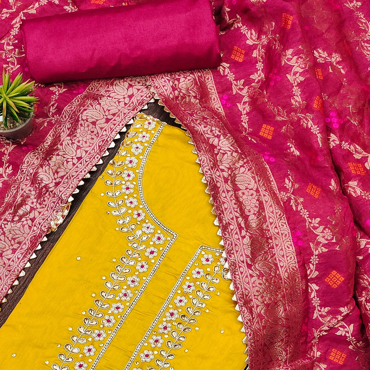Yellow Handwork Chanderi Dress Material