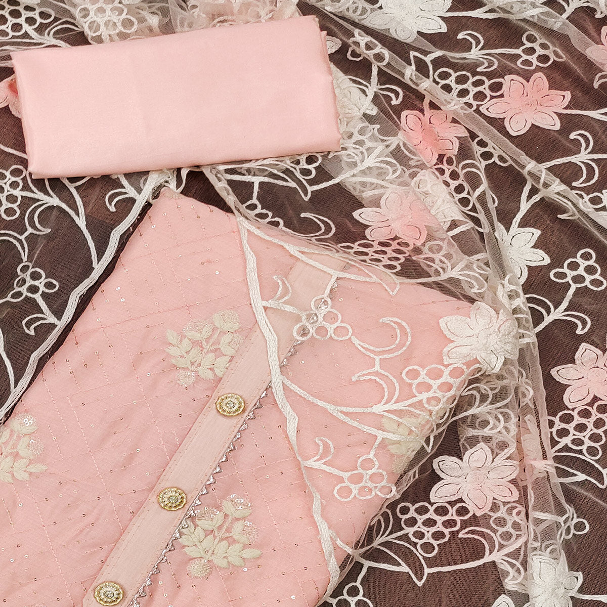 Peach Floral Embroidered Chanderi Dress Material