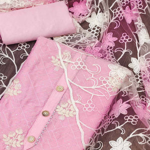 Pink Floral Embroidered Chanderi Dress Material