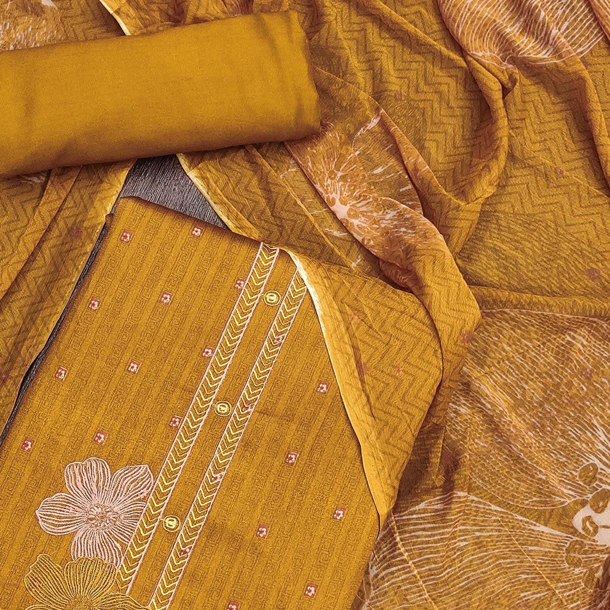 Mustard Floral Printed Pure Cotton Dress Material