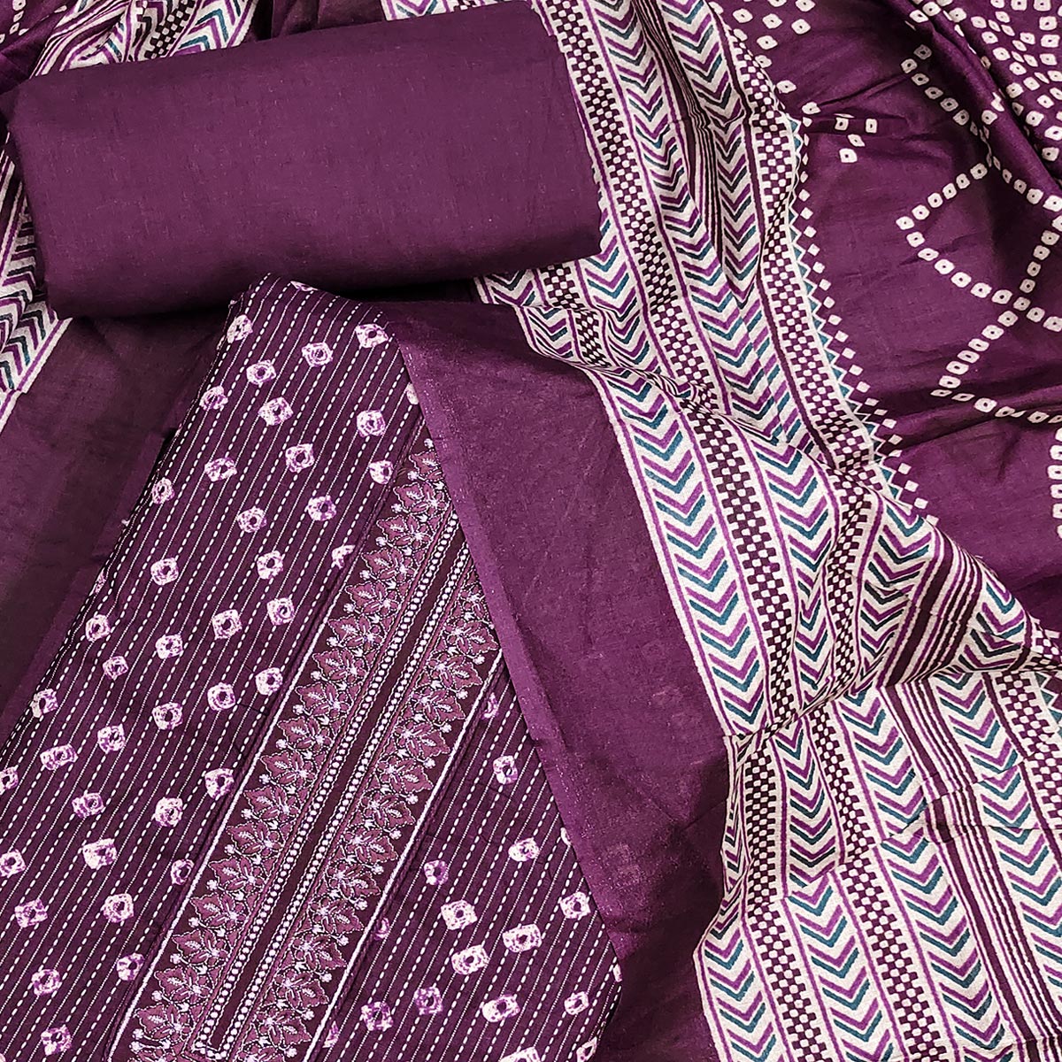 Purple Bandhani Printed Pure Cotton Dress Material