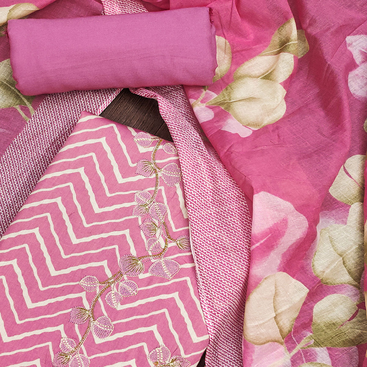 Pink Printed Cotton Silk Dress Material