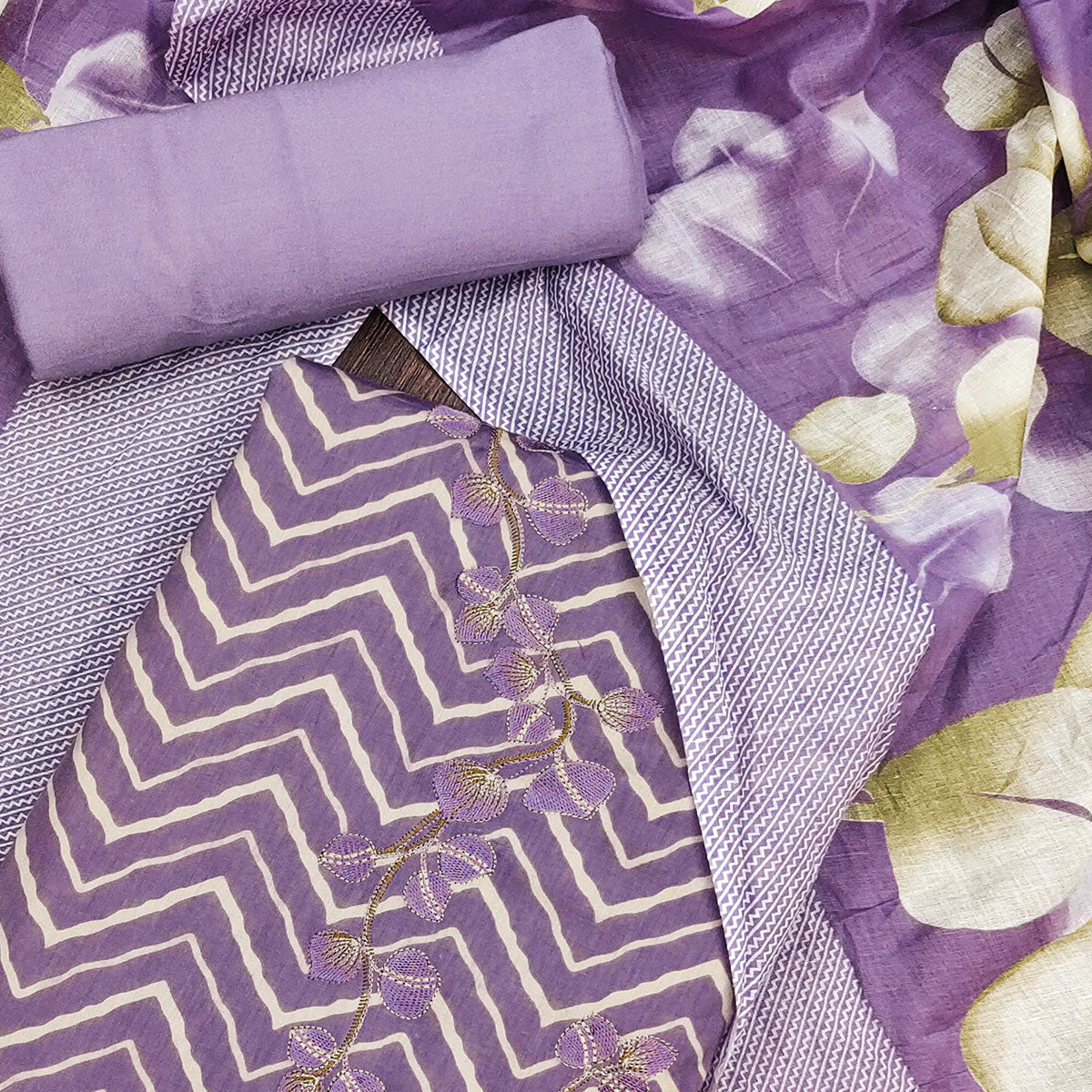 Purple Printed Cotton Silk Dress Material