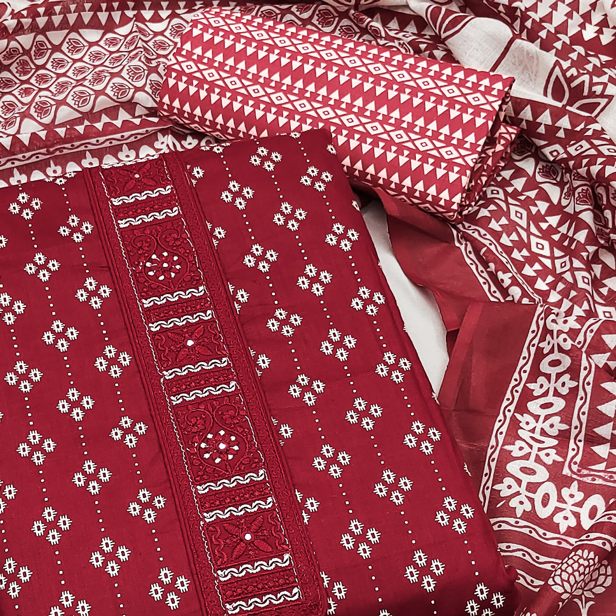 Maroon Floral Printed Pure Cotton Dress Material