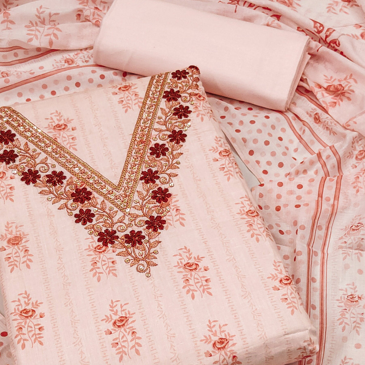 Peach Floral Printed Pure Cotton Dress Material