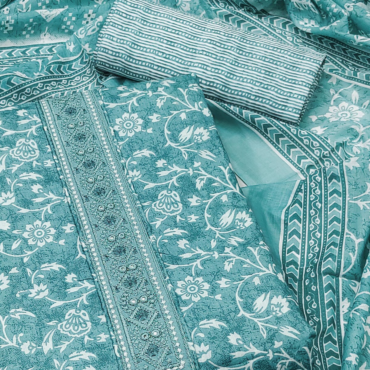 Sky Blue Floral Printed Pure Cotton Dress Material