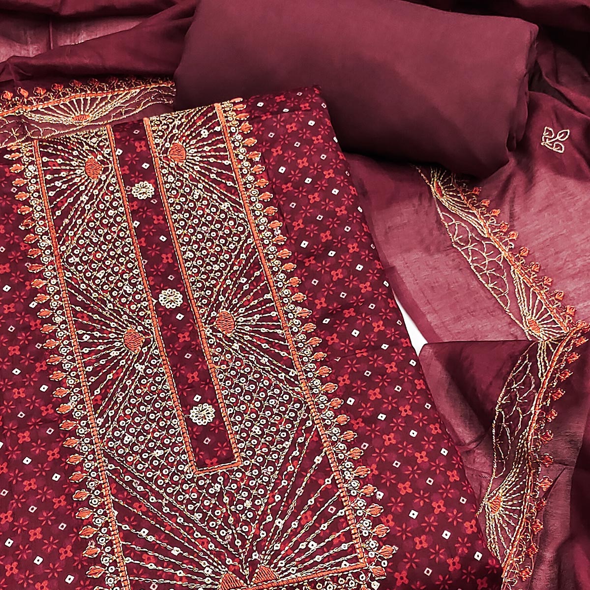 Maroon Printed With Embroidered Satin Dress Material