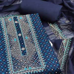 Navy Blue Printed With Embroidered Satin Dress Material
