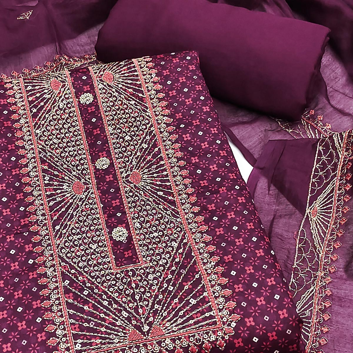 Wine Printed With Embroidered Satin Dress Material
