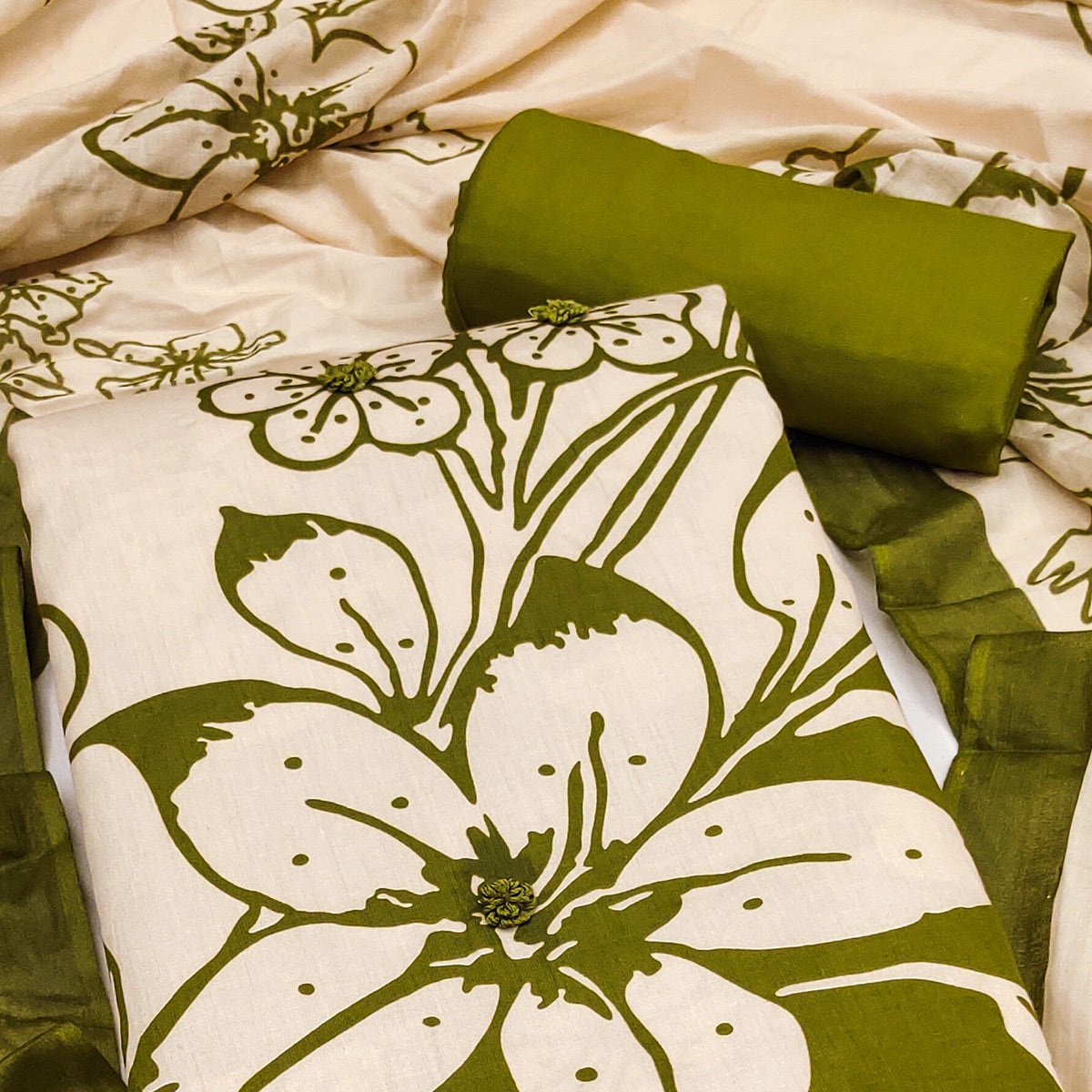 Pure Cotton Green Dress Material with Delicate Floral Print