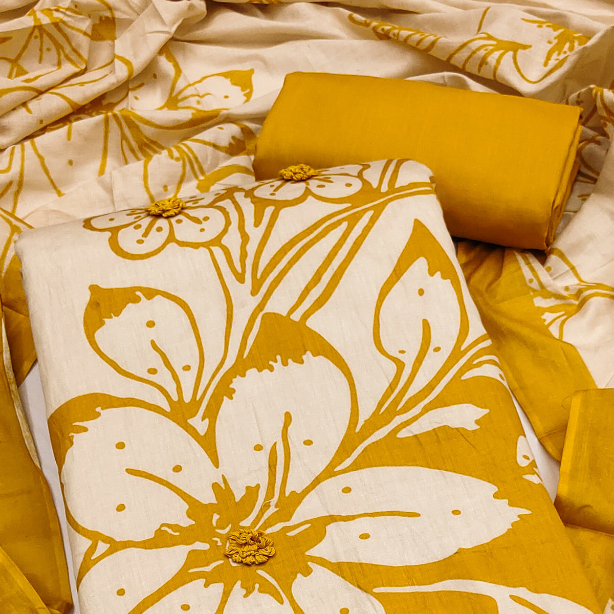 Pure Cotton Mustard Dress Material with Delicate Floral Print