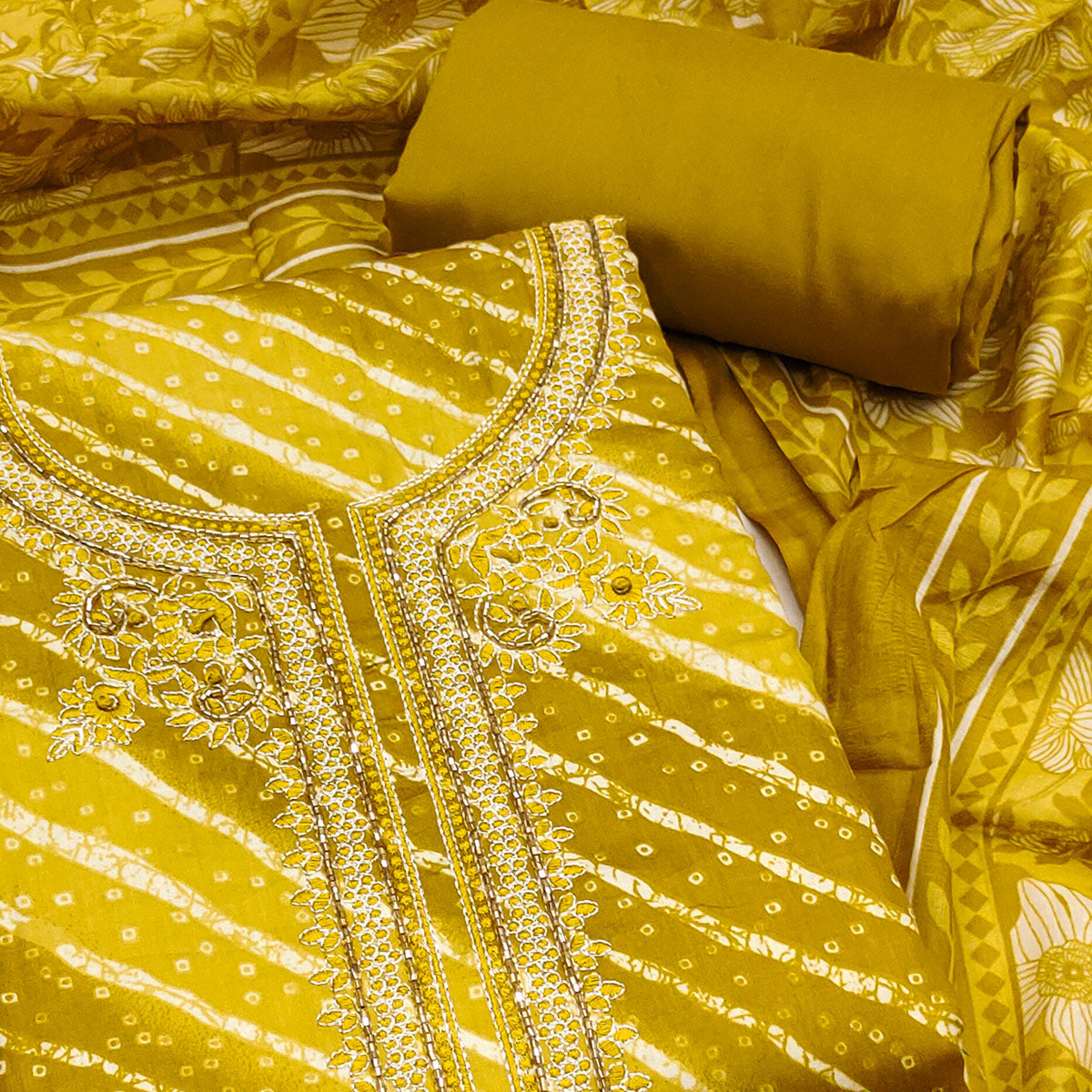 Summer Perfect Mustard Cotton Suit Material with Stripe Pattern