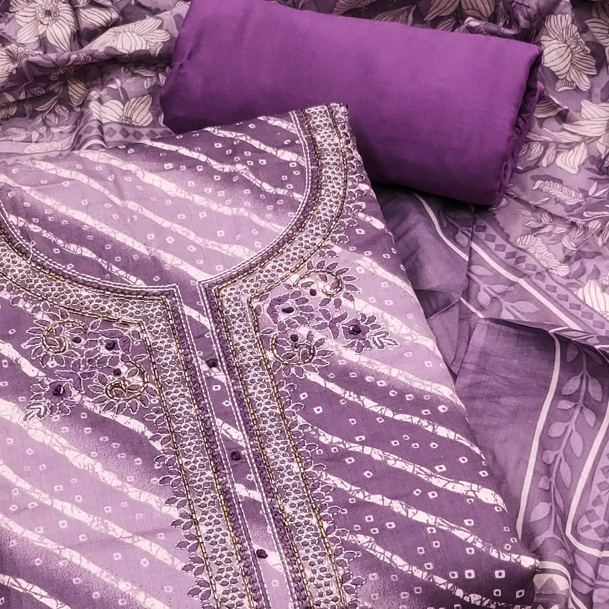 Summer Perfect Purple Cotton Suit Material with Stripe Pattern