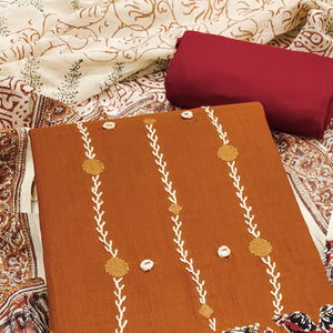 Brown Pure Cotton Dress Material with Mirror & Embroidery Work