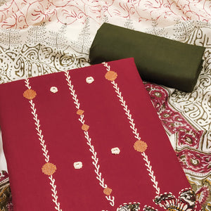 Maroon Pure Cotton Dress Material with Mirror & Embroidery Work