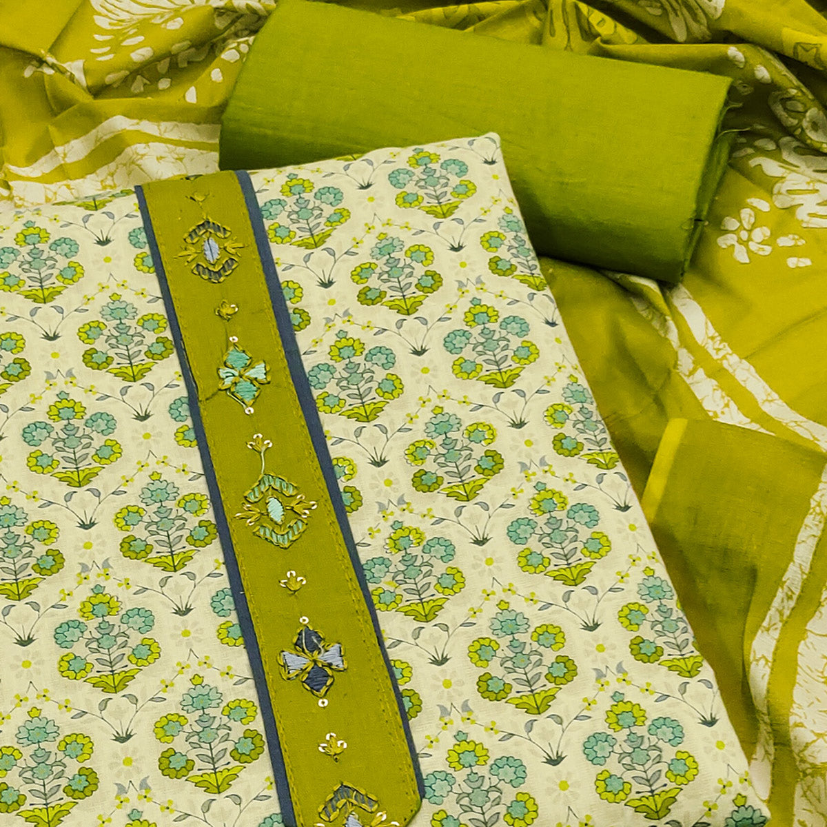 Unstitched Pure Cotton Green Dress Material with Floral Charm