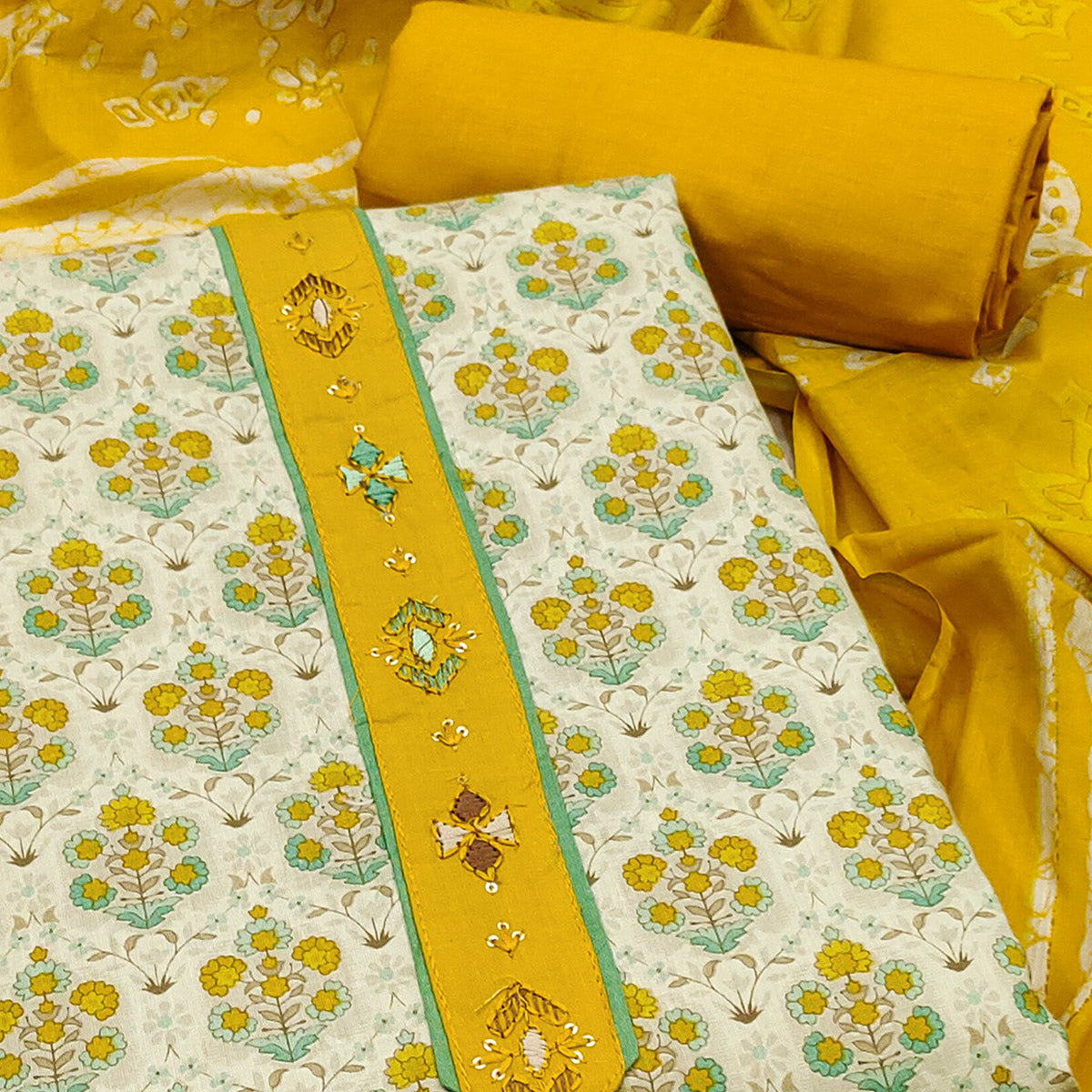 Unstitched Pure Cotton Yellow Dress Material with Floral Charm