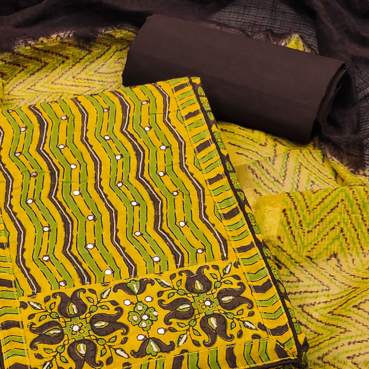 Unstitched Mustard Cotton Dress Material Featuring Subtle Floral Patterns