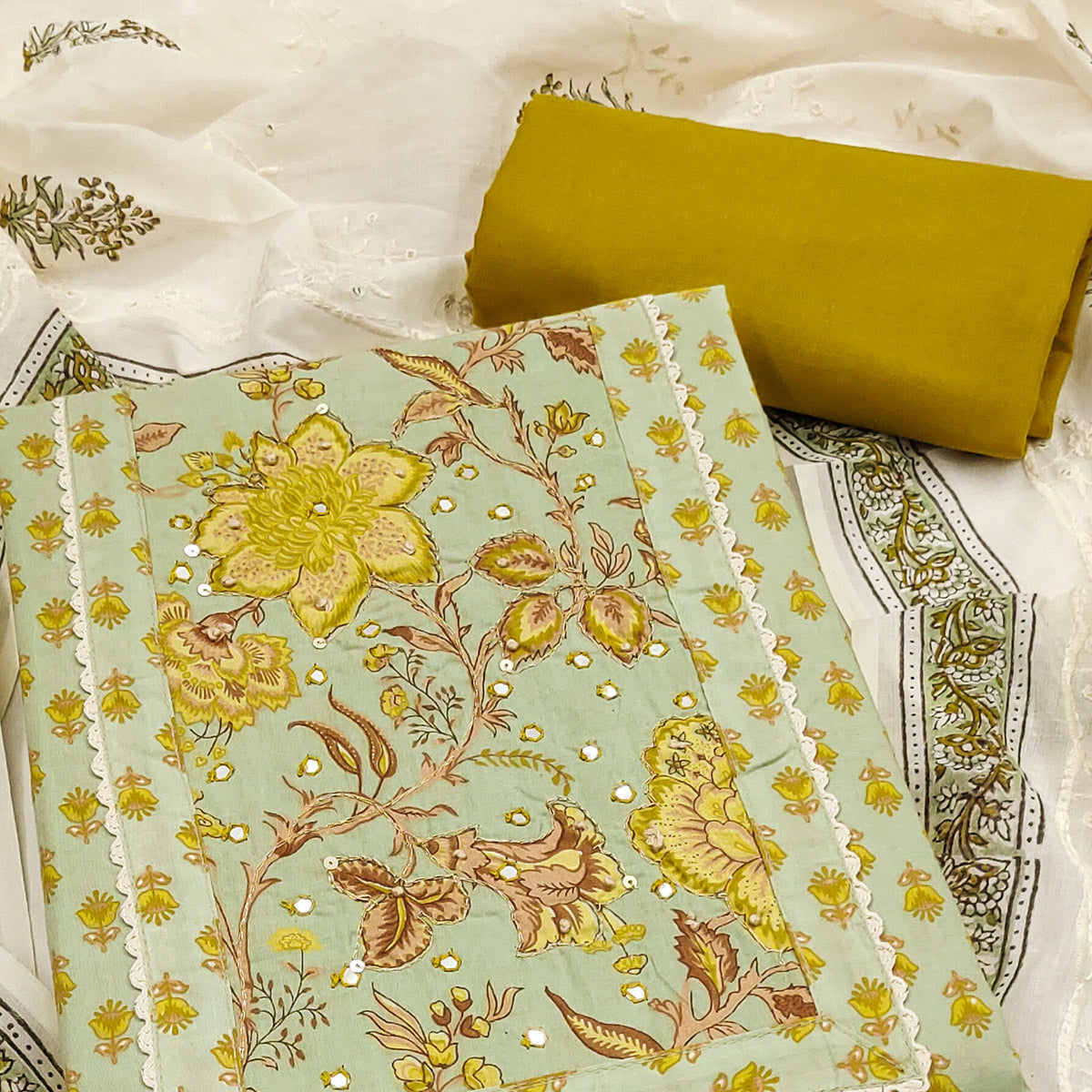 Pure Cotton Dress Material in Light Green with All Over Floral Print