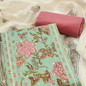 Pure Cotton Dress Material in Pista Green with All Over Floral Print