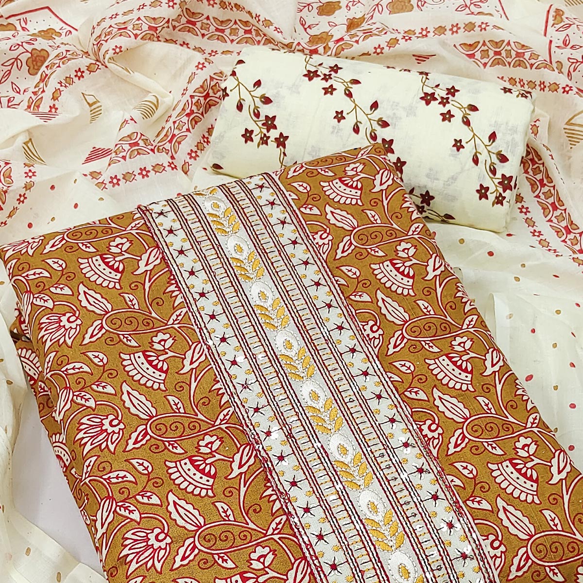 Brown Floral Printed Cotton Blend Dress Material