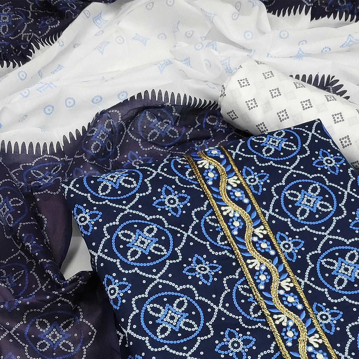 Blue Bandhani Printed Cotton Blend Dress Material