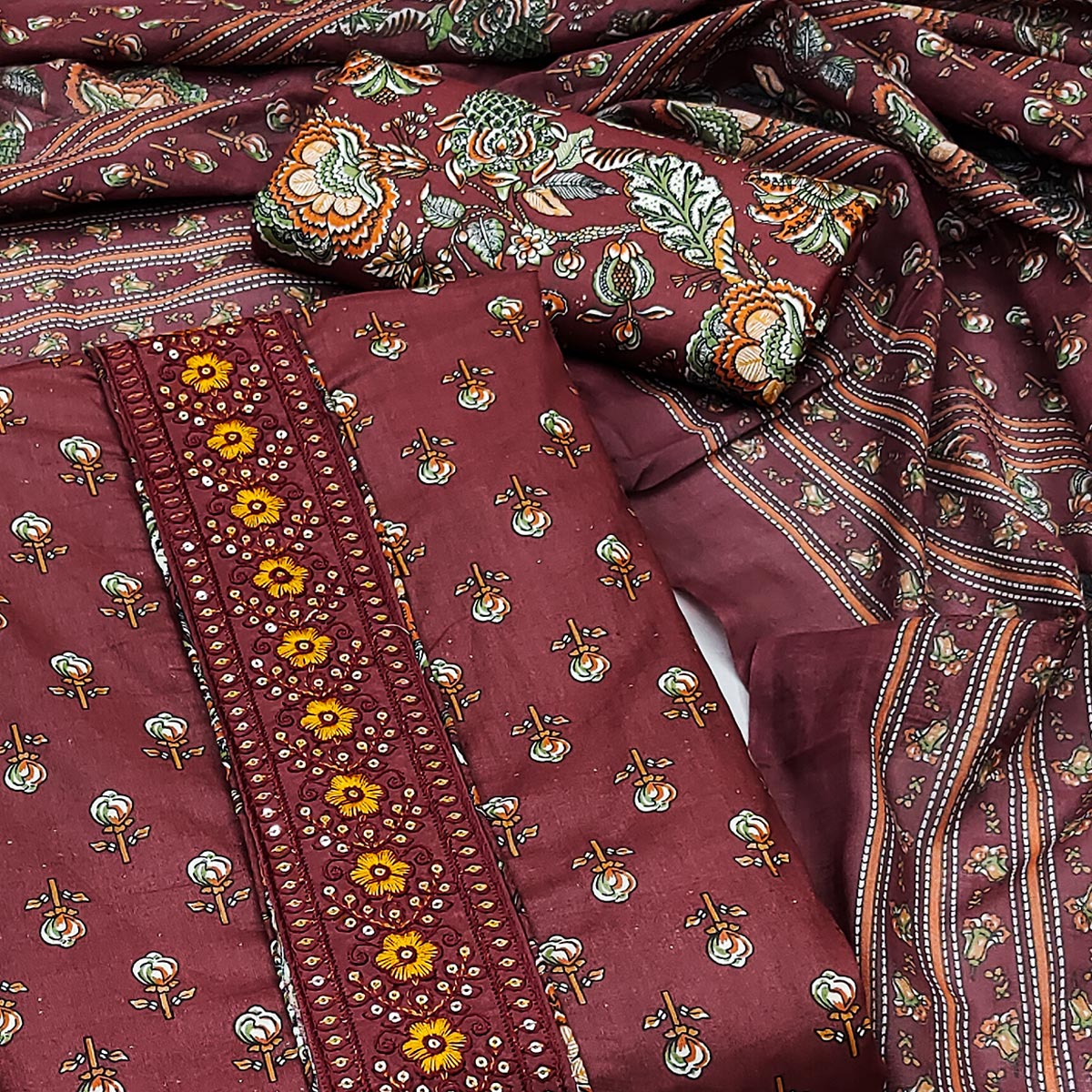 Maroon Floral Printed Pure Cotton Dress Material