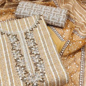 Beige Striped Printed Pure Cotton Dress Material