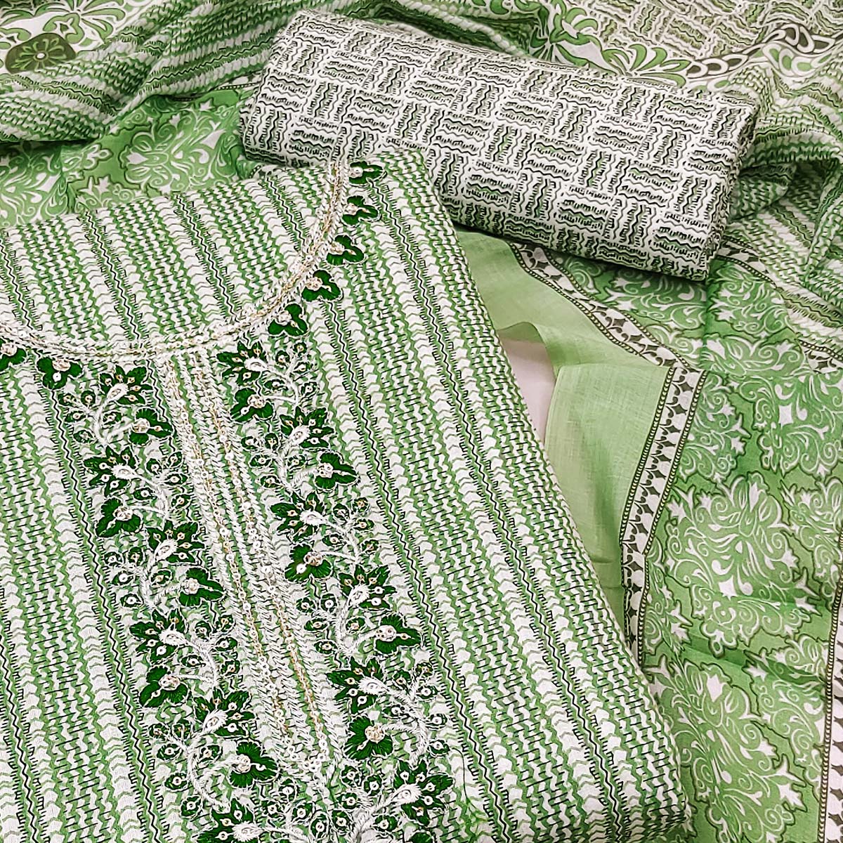 Green Striped Printed Pure Cotton Dress Material