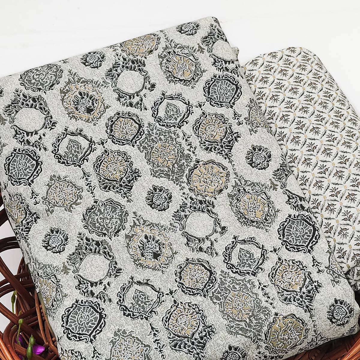 Grey Floral Woven Pure Cotton Dress Material