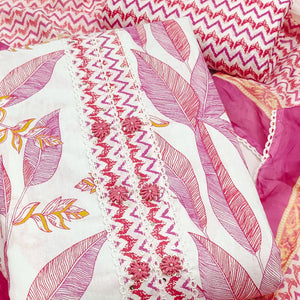 Stylish Pink Floral Pure Cotton Dress Material Accented With Neckline Sequins Embroidery