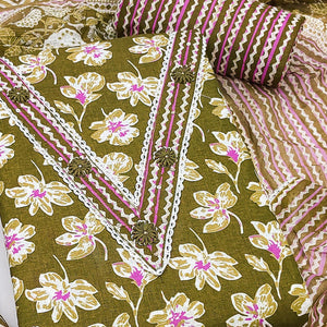 Stylish Green Floral Pure Cotton Dress Material Accented With Neckline Sequins Embroidery