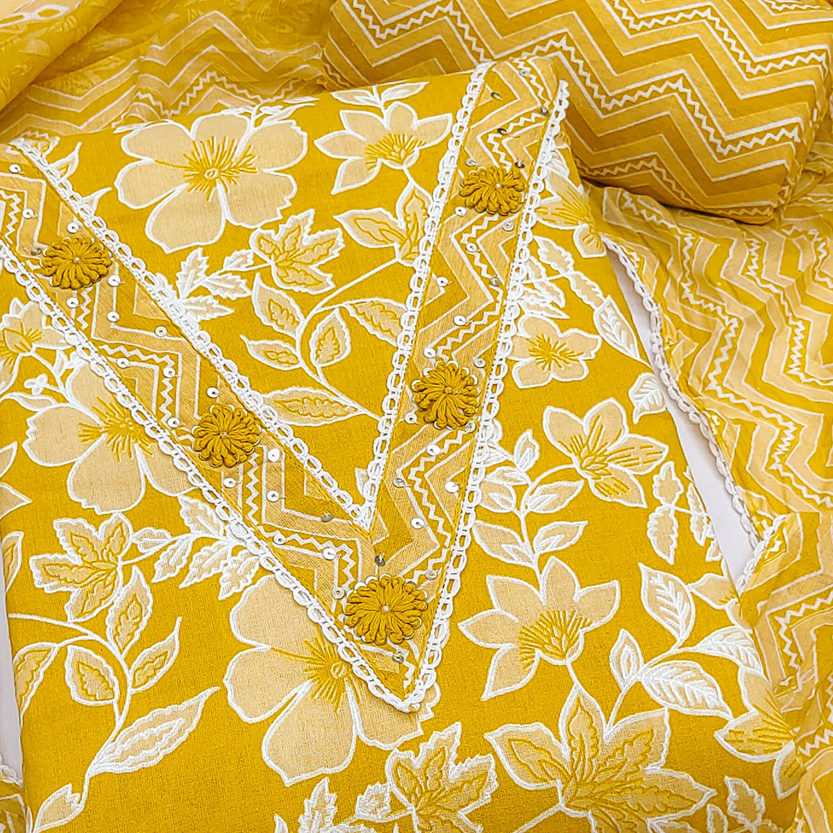 Stylish Yellow Floral Pure Cotton Dress Material Accented With Neckline Sequins Embroidery