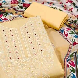 Beige Printed Mirror Work Pure Cotton Dress Material