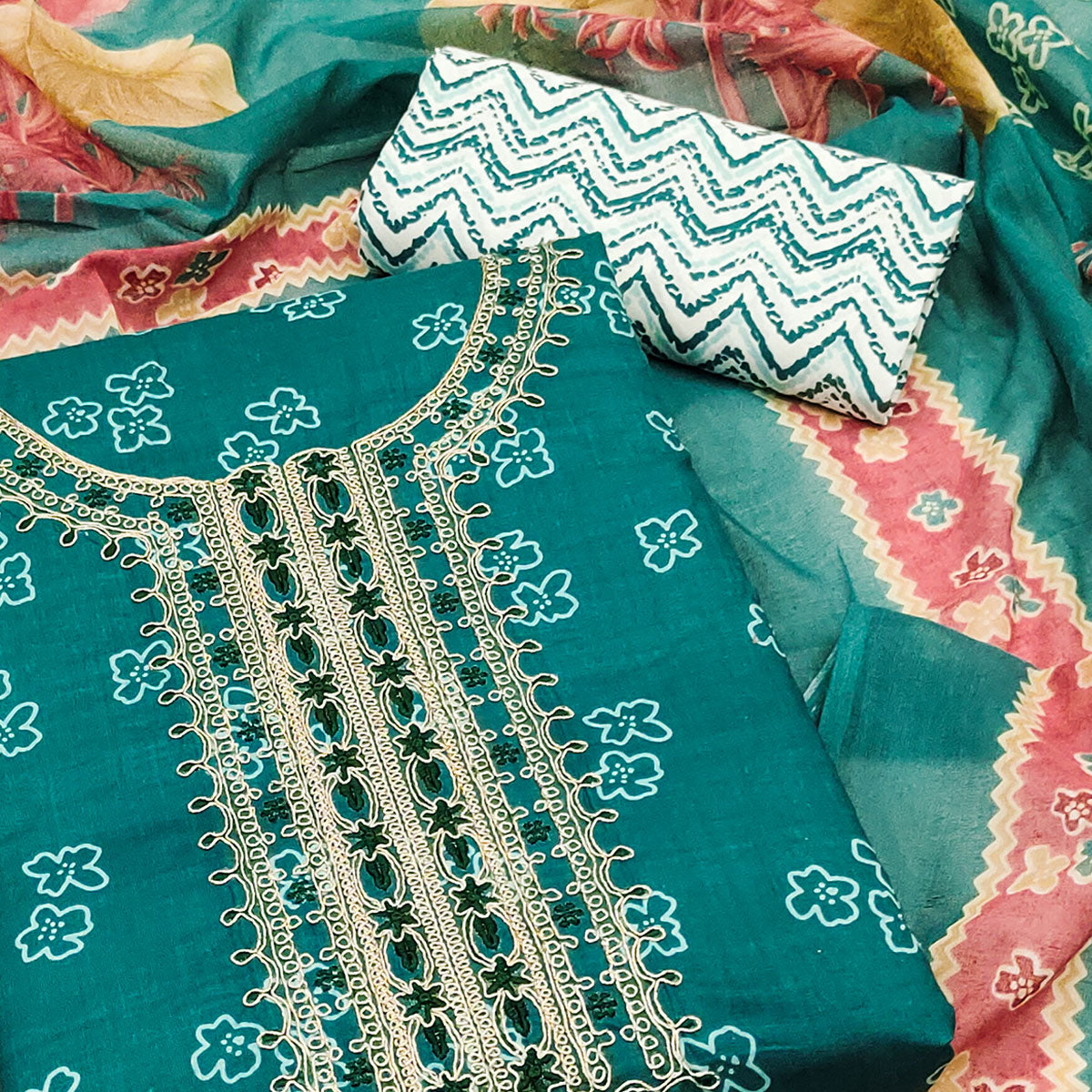 Teal Floral Printed Pure Cotton Dress Material