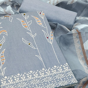Grey Floral Foil Printed Pure Cotton Dress Material