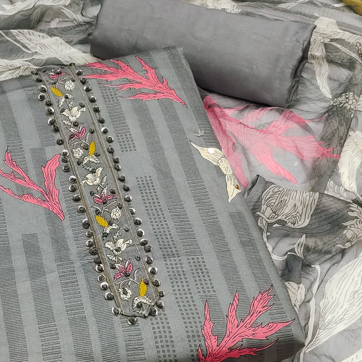 Grey Floral Printed Pure Cotton Dress Material