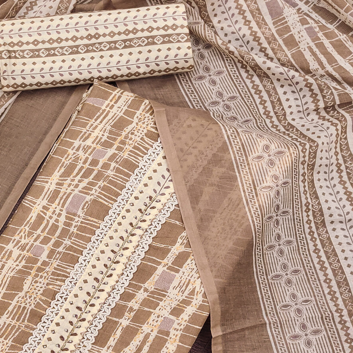 Brown Printed Pure Cotton Dress Material