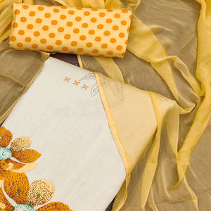 Beige & Mustard Floral Printed Pure Cotton Dress Material