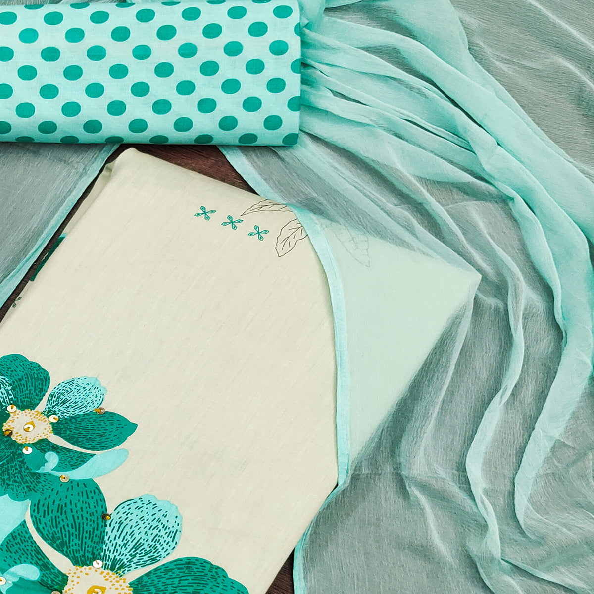 Grey & Green Floral Printed Pure Cotton Dress Material