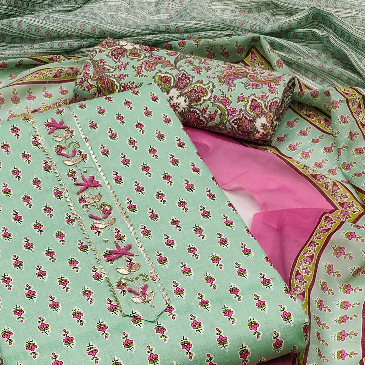Sea Green Floral Printed Pure Cotton Dress Material