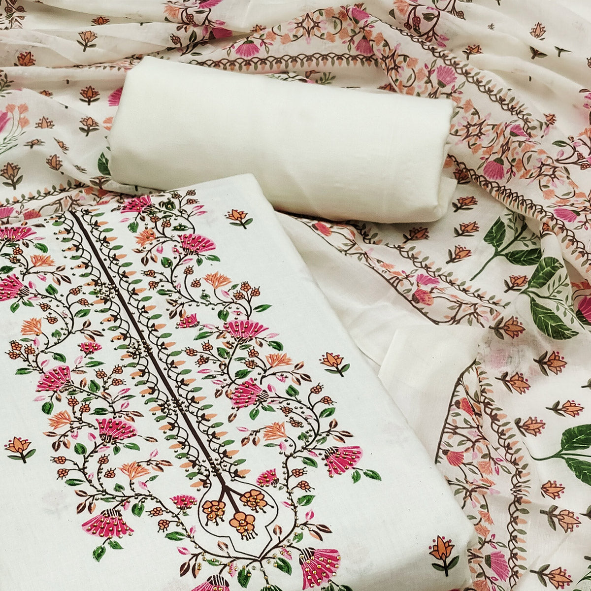 Off white Floral Printed Pure Cotton Dress Material